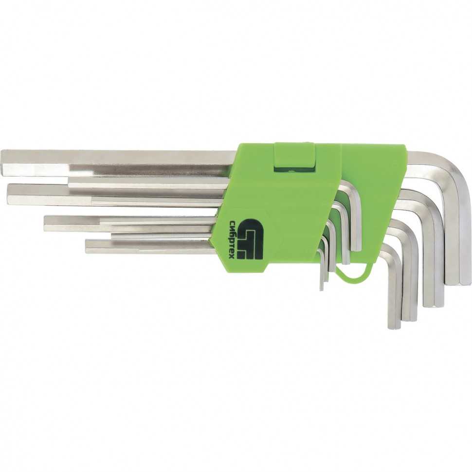 Набор ключей имбусовых HEX, 1.5-10 мм, 45x, закаленные, 9 шт, удлиненные, никель Сибртех Ключи имбусовые фото, изображение